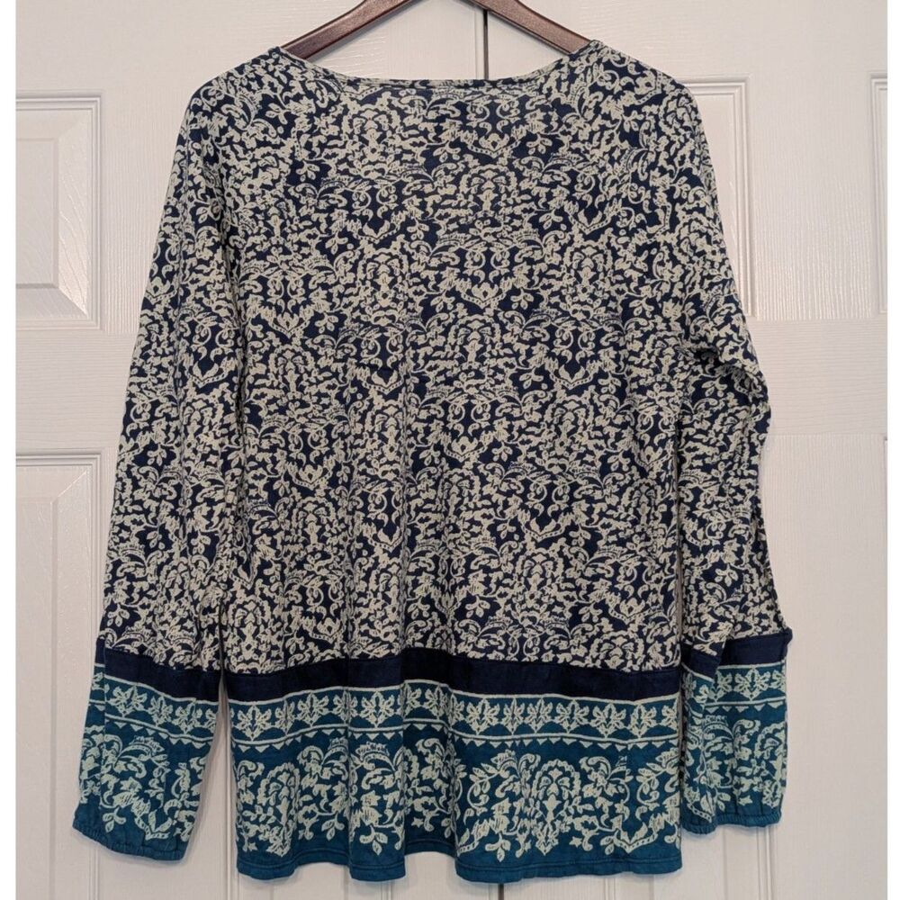 Lucky Brand Blue Teal Damask Border Print Peasant Top Tassel Neck Large Boho